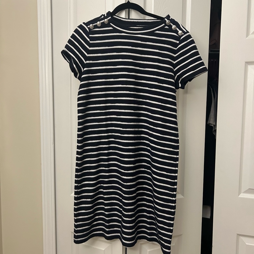 LOFT Navy and White Striped Dress with Button Accents